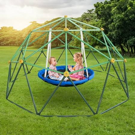 10ft Climbing Dome with Saucer Swing, Geometric Dome Climber Play Center with Rust & UV Resistant , Supporting 800lbs, Kids Jungle Gym Playground
