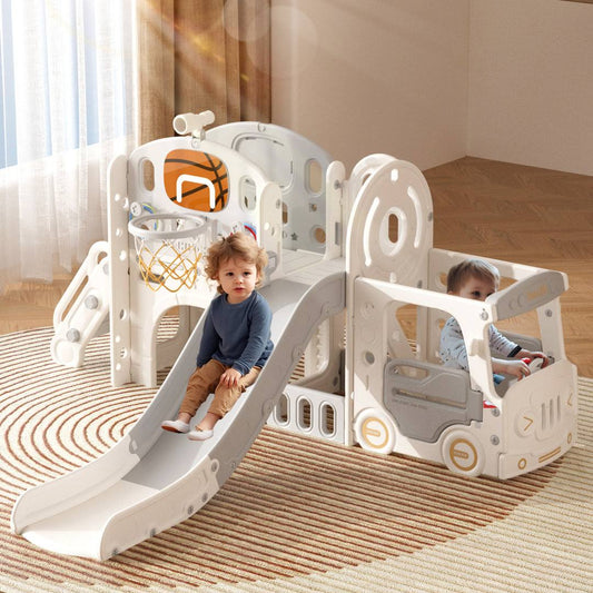 10 in 1 Kids Slide with Bus Playhouse XJD Color: White/Light Brown