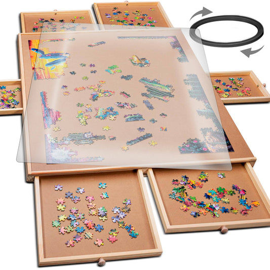 1500 Piece Rotating Wooden Jigsaw Puzzle Table - 6 Drawers, Puzzle Board with Puzzle Cover | 27 x 35 Jigsaw Puzzle Board Portable - Portable